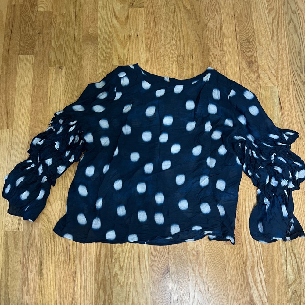 Chico's Blue Ruffled Flutter Sleeve Blouse